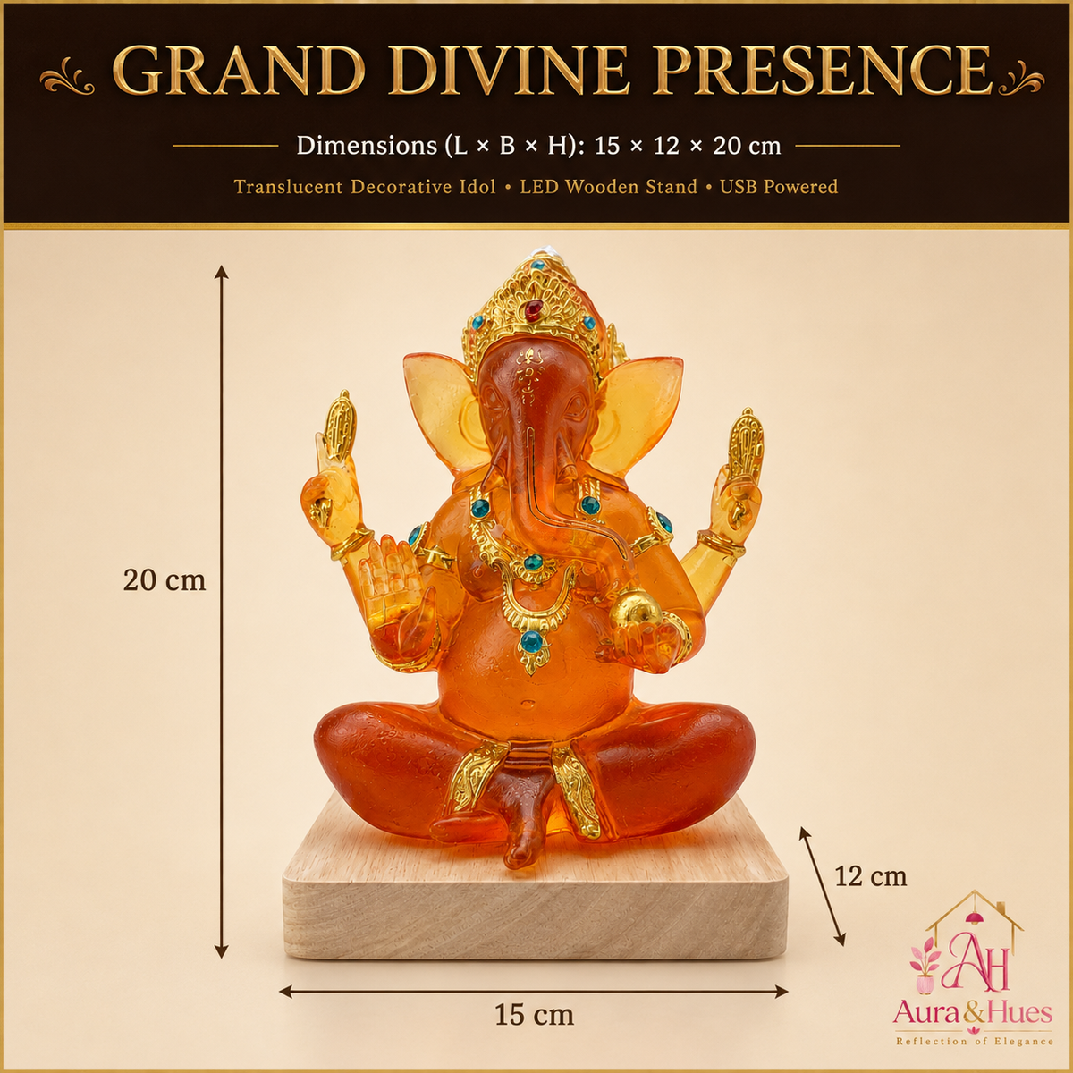 Ganesha LED idol glowing warmly on a decorative table – lifestyle shot