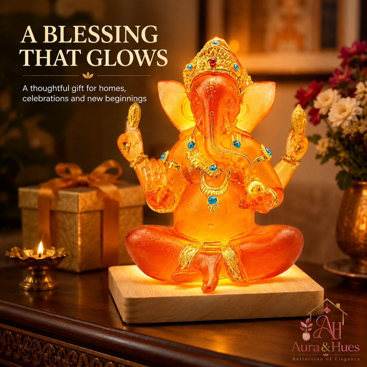 Ganesha LED idol dimensions – 15x12x20 cm with wooden stand