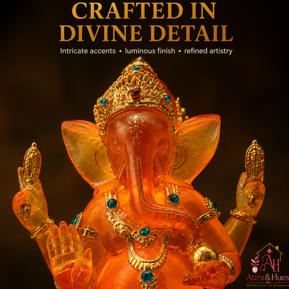 Ganesha LED idol showing USB power, wooden stand, and bright LED illumination features