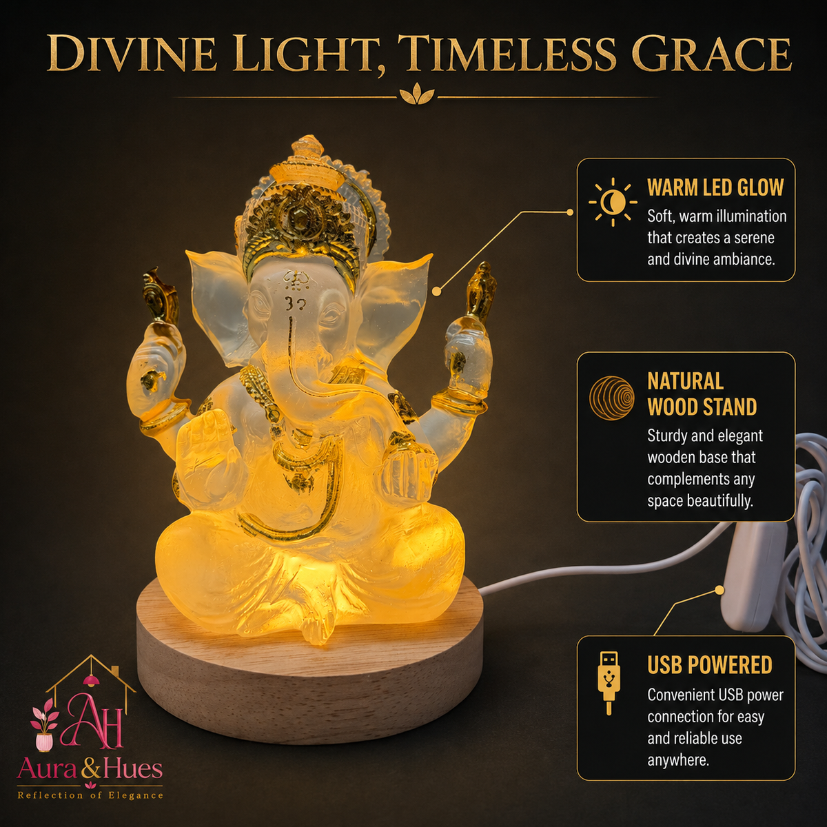 Ganesha idol glowing with warm LED light – a blessing that glows