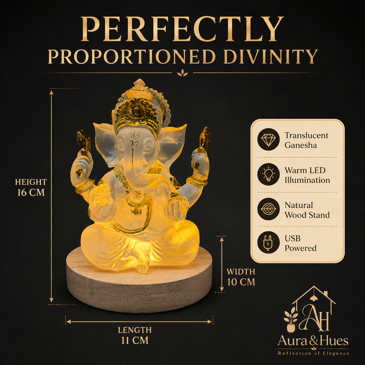 Close-up of ornate gold accents and translucent finish on Ganesha idol