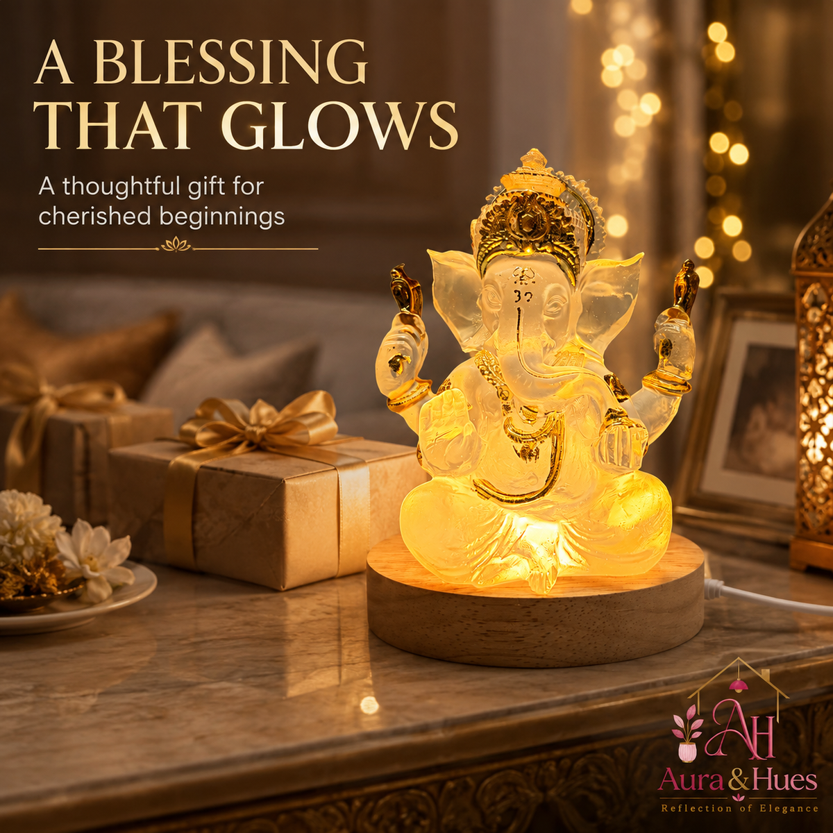 Ganesha idol with warm LED glow, natural wood stand and USB power cable
