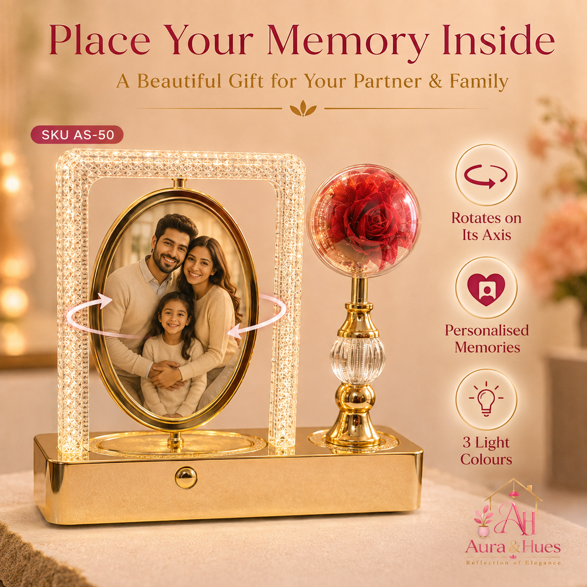 Place your memory inside – personalised rotating photo frame gift for partner and family