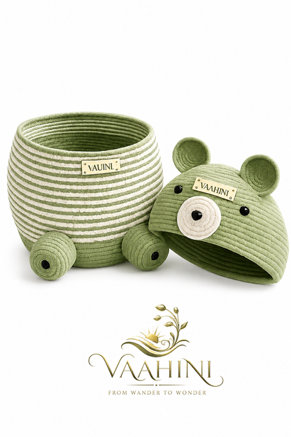 Vaahini Cotton Rope Big Teddy Basket with Lid - Pista Green