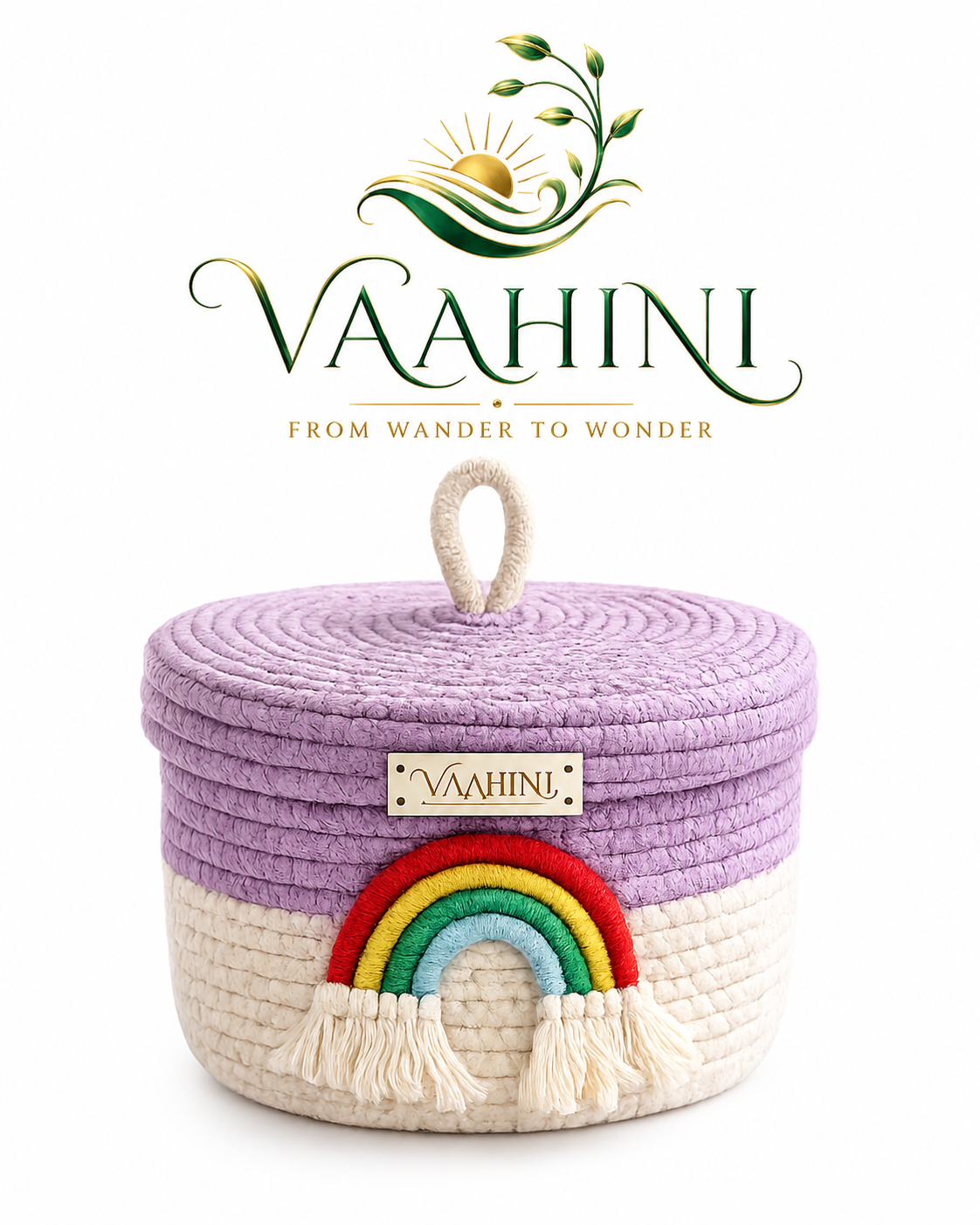 Vaahini Rainbow Cotton Rope Basket - Purple and White with lid