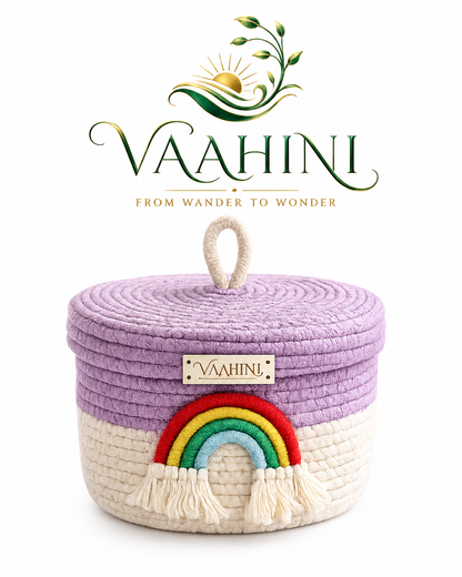 Vaahini Rainbow Cotton Rope Basket - Purple and White with lid