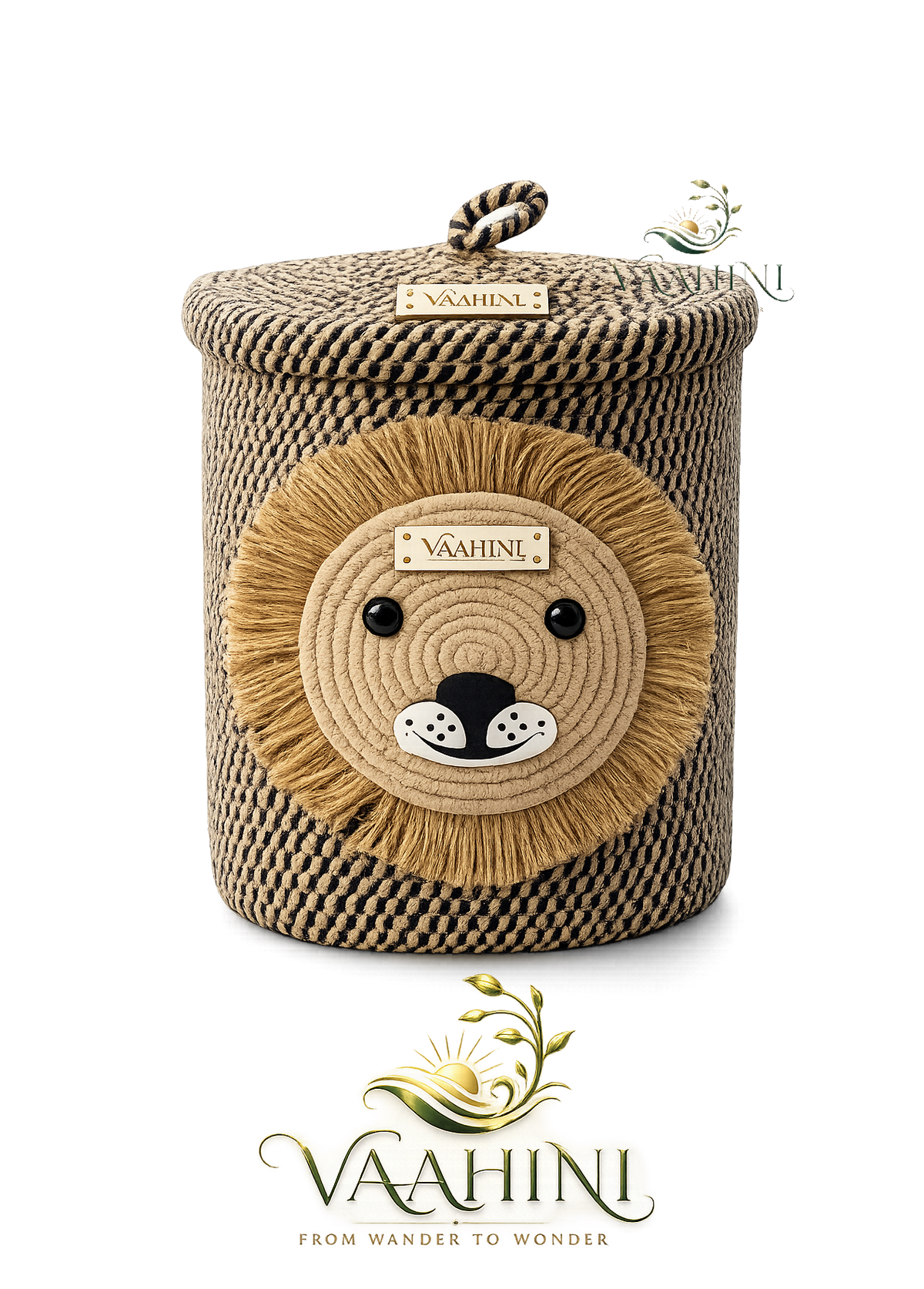 Vaahini Cotton Rope Yellow Lion Face Basket with lid