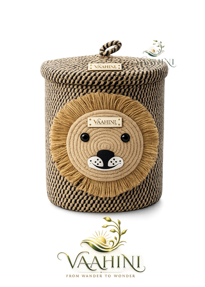 Vaahini Cotton Rope Yellow Lion Face Basket with lid