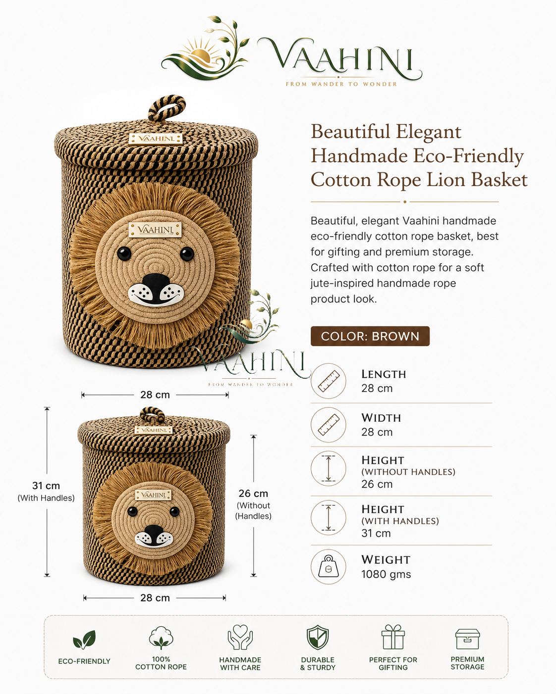 Vaahini Cotton Rope Yellow Lion Face Basket with lid