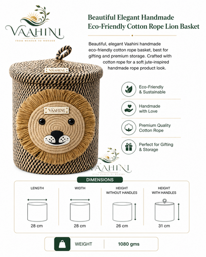 Vaahini Cotton Rope Yellow Lion Face Basket with lid