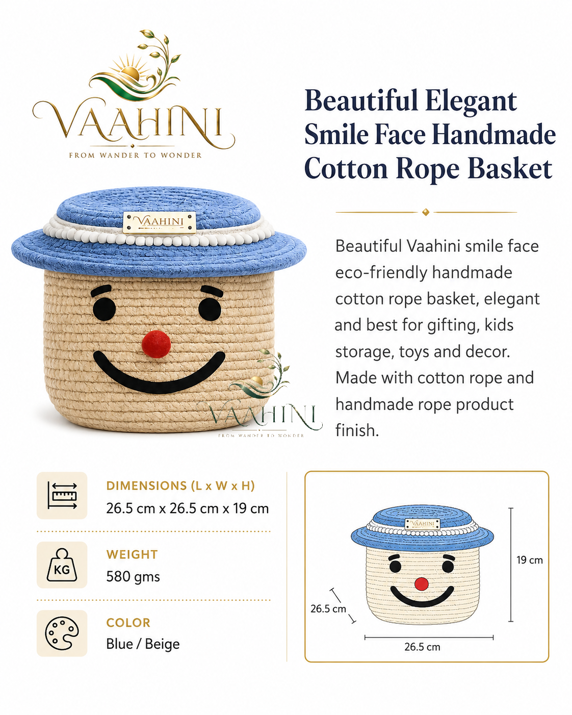 Vaahini Cotton Rope Smile Face Basket with lid
