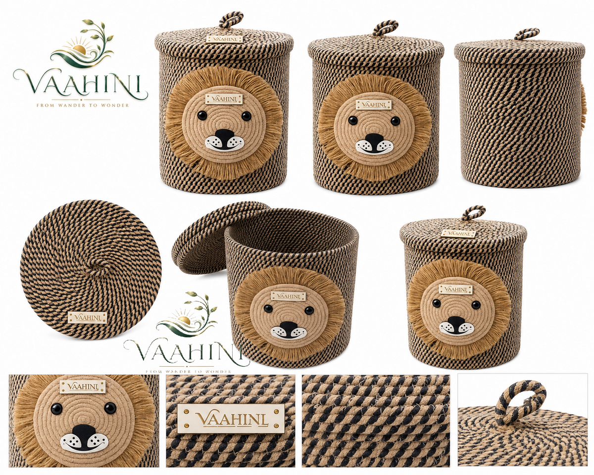 Vaahini Cotton Rope Yellow Lion Face Basket with lid