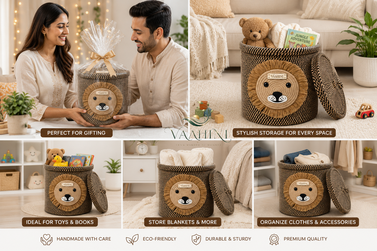 Vaahini Cotton Rope Yellow Lion Face Basket with lid