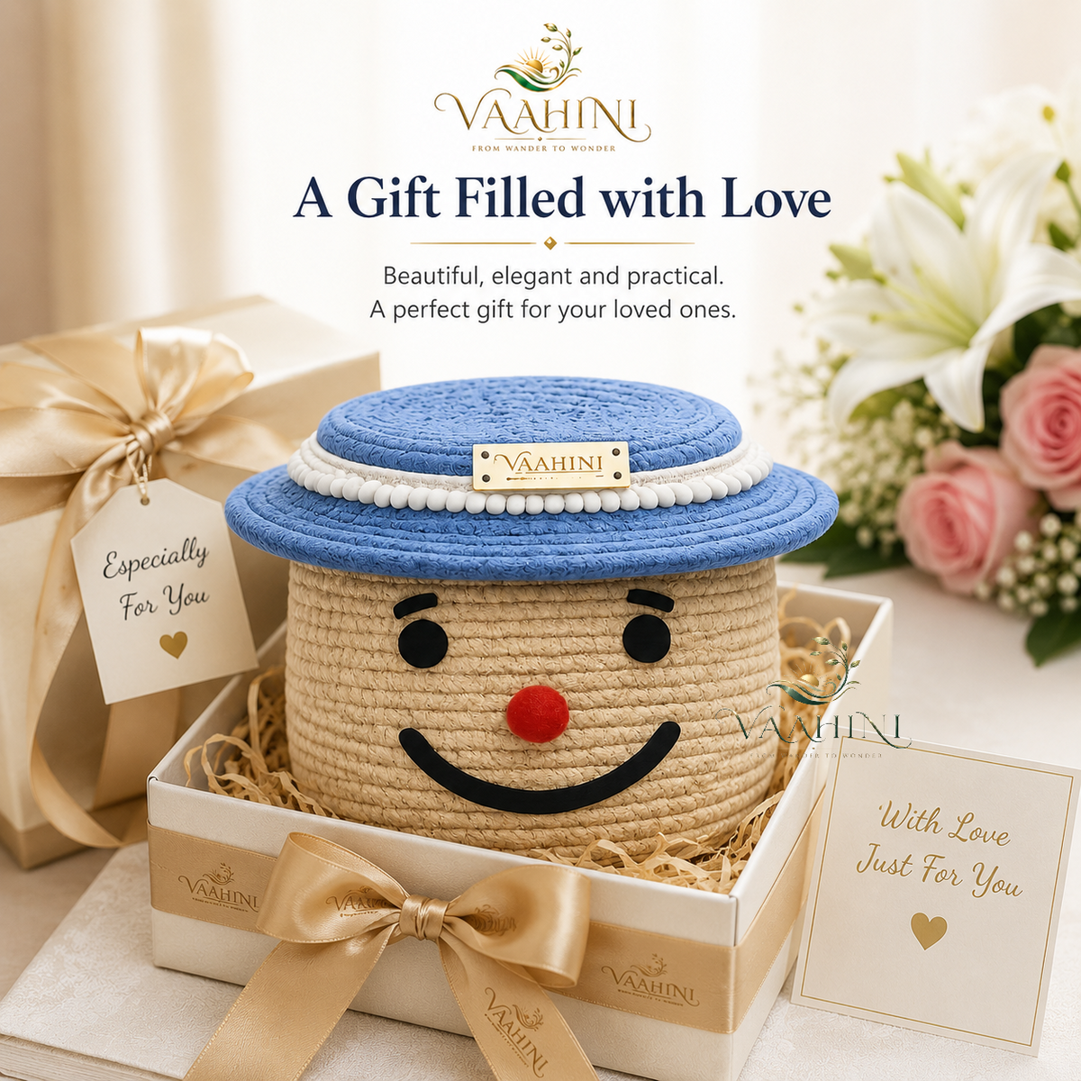 Vaahini Cotton Rope Smile Face Basket with lid