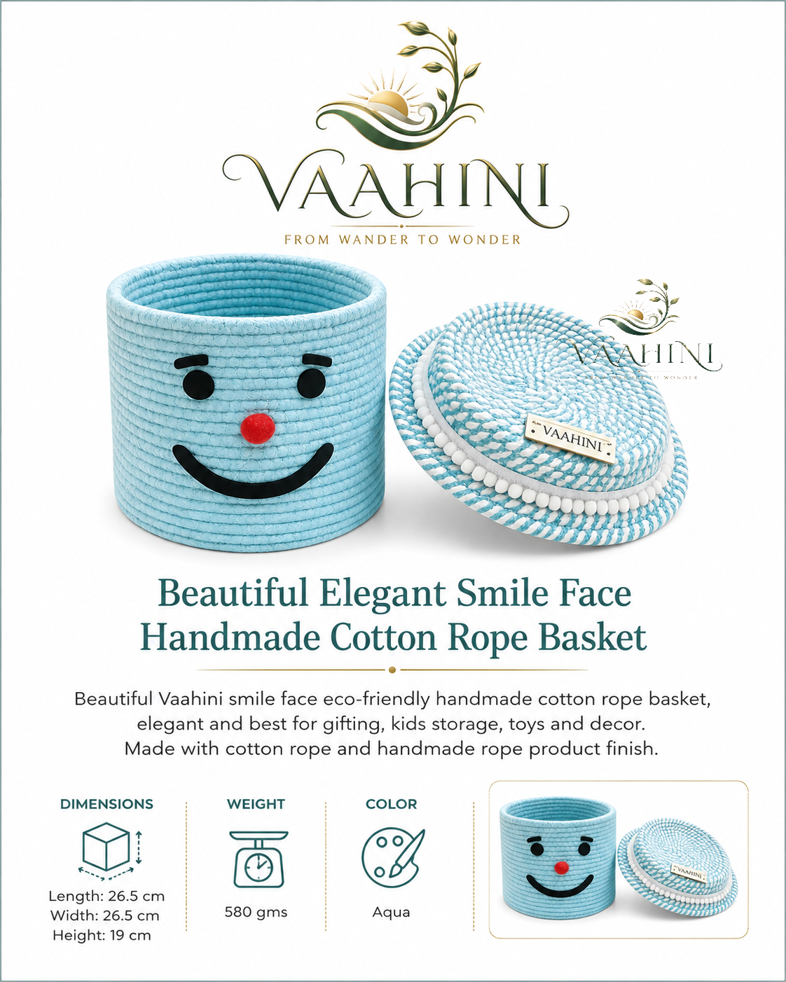 Vaahini Cotton Rope Smile Face Basket with lid