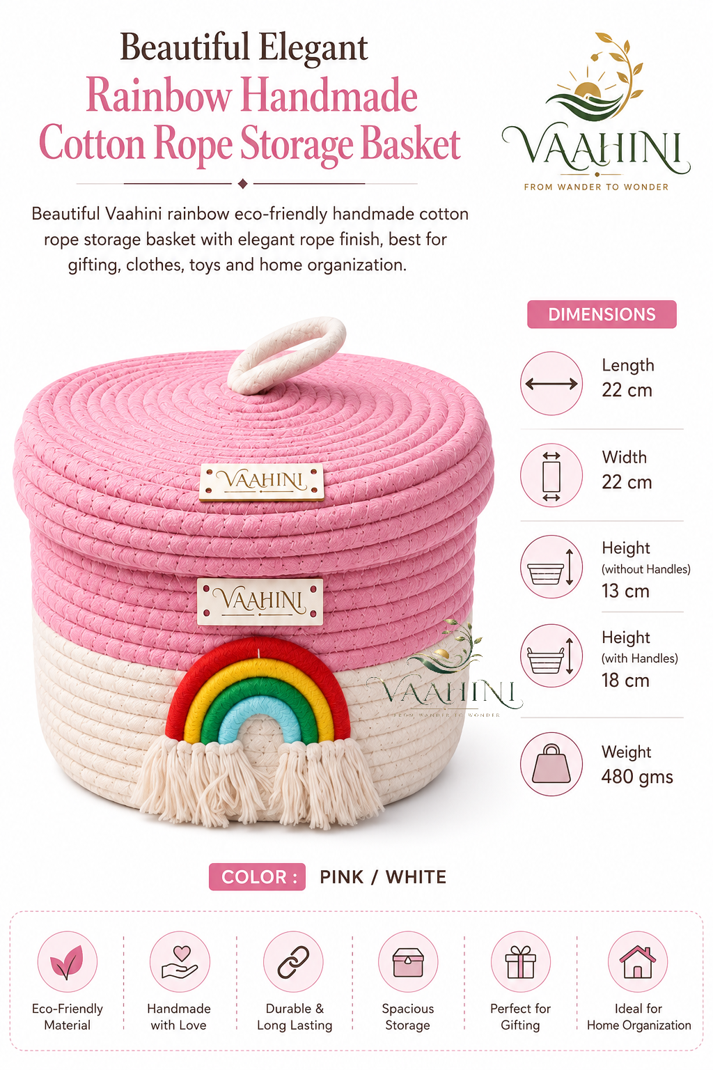 Vaahini Rainbow Cotton Rope Basket - Product Info