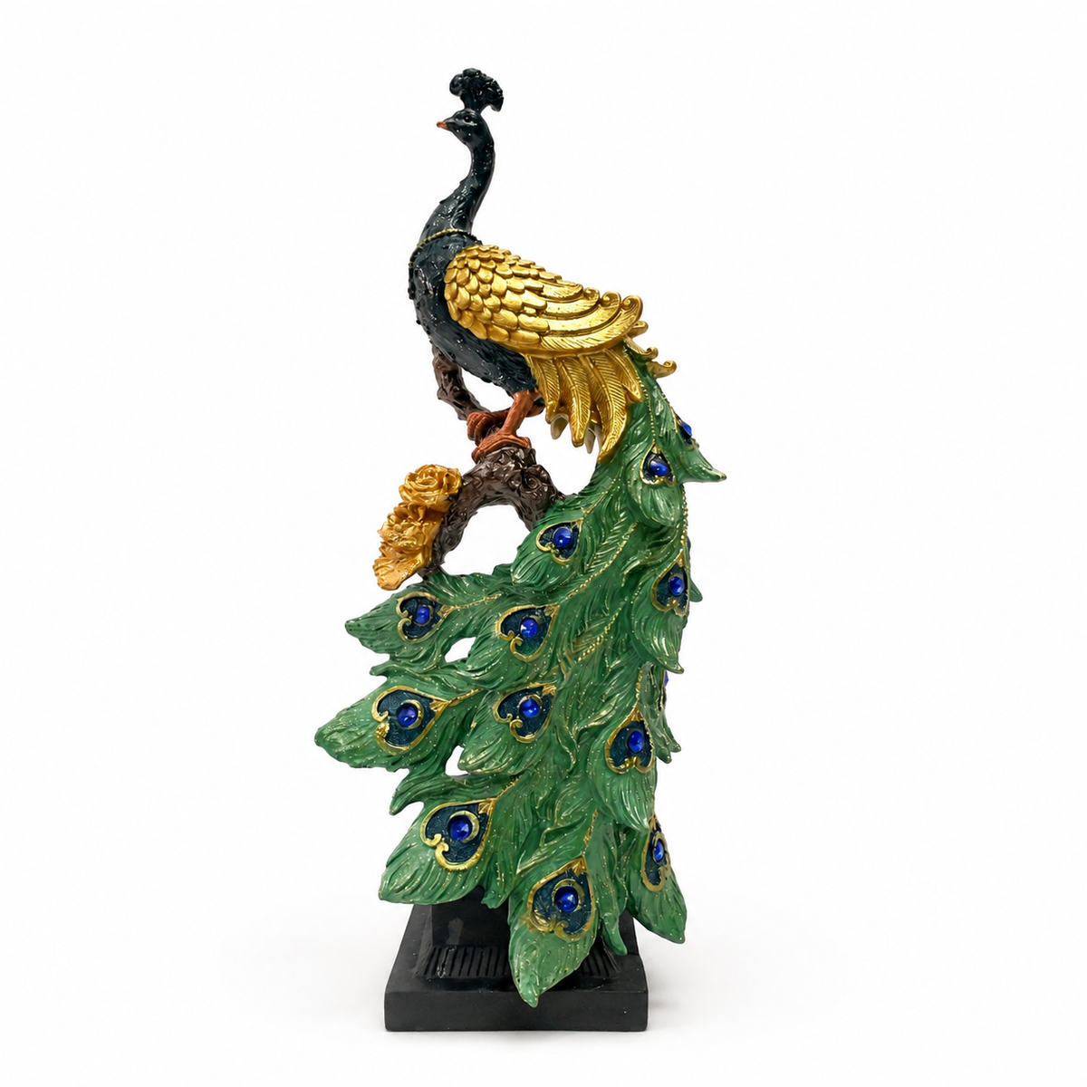 Emerald  Peacock cascade Sculpture in Gold & Emerald Green with Black Base