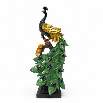 Emerald  Peacock cascade Sculpture in Gold & Emerald Green with Black Base