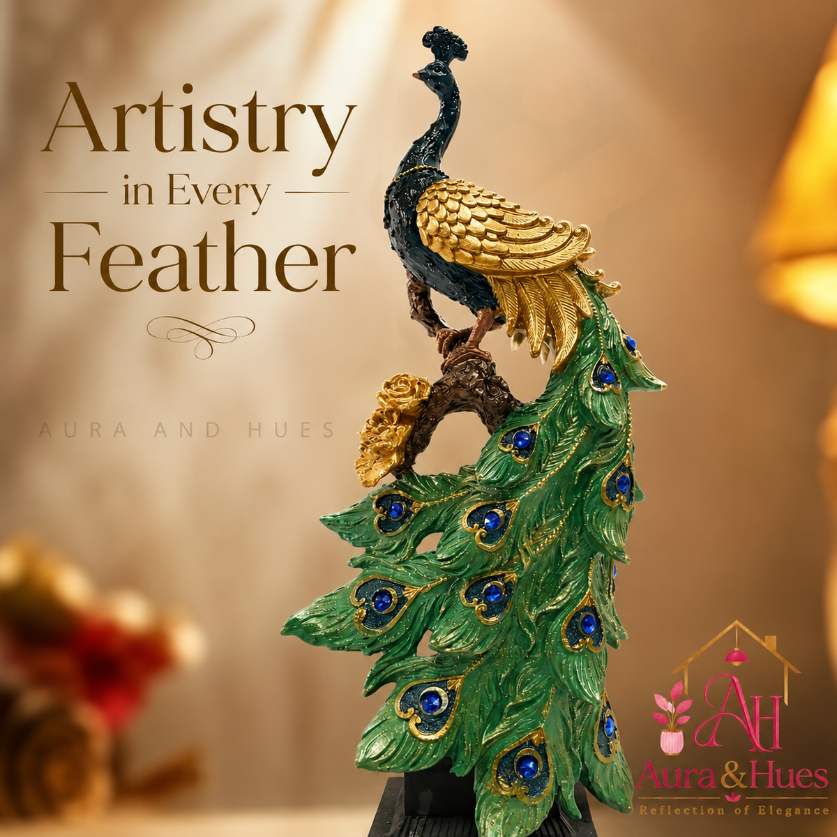 Emerald  Peacock cascade Sculpture in Gold & Emerald Green with Black Base