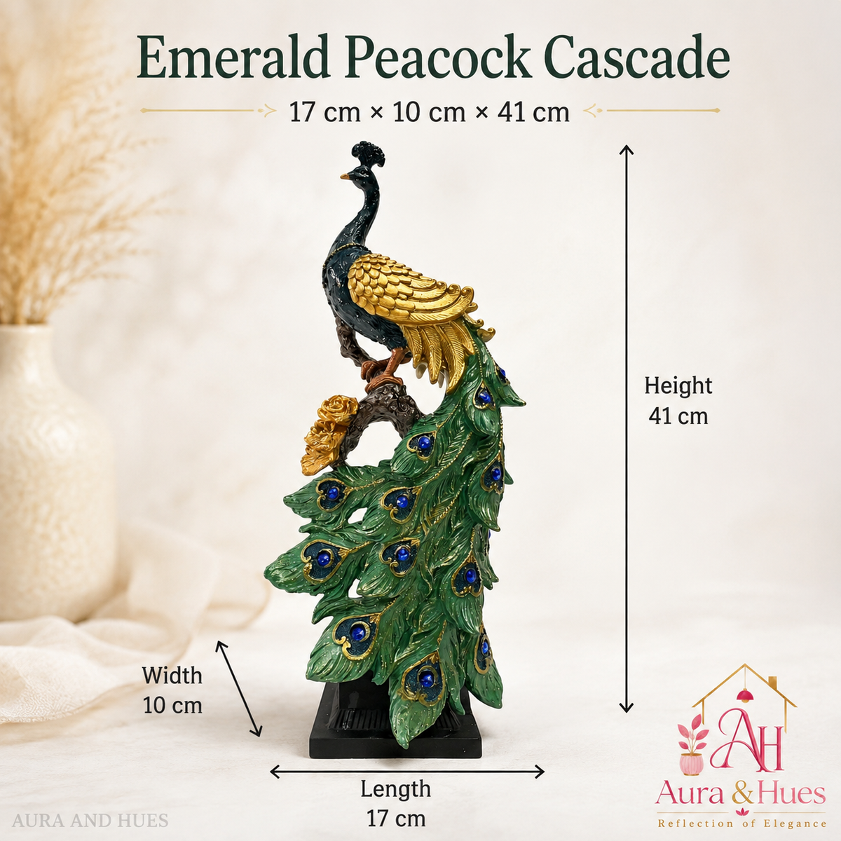 Emerald  Peacock cascade Sculpture in Gold & Emerald Green with Black Base