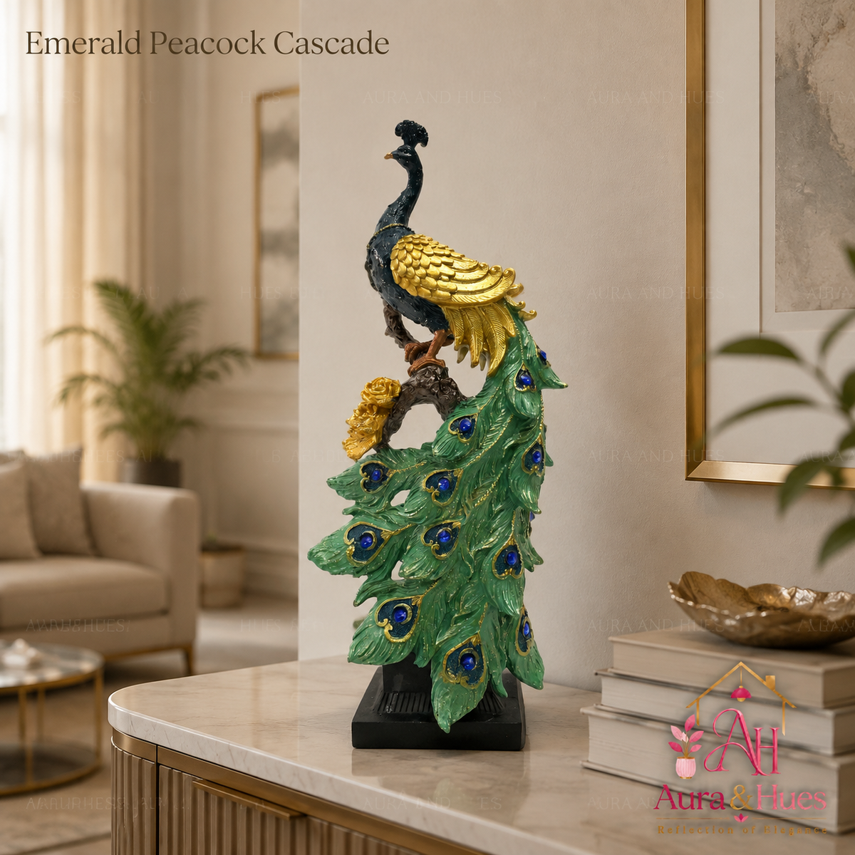 Emerald  Peacock cascade Sculpture in Gold & Emerald Green with Black Base