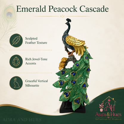 Emerald  Peacock cascade Sculpture in Gold & Emerald Green with Black Base