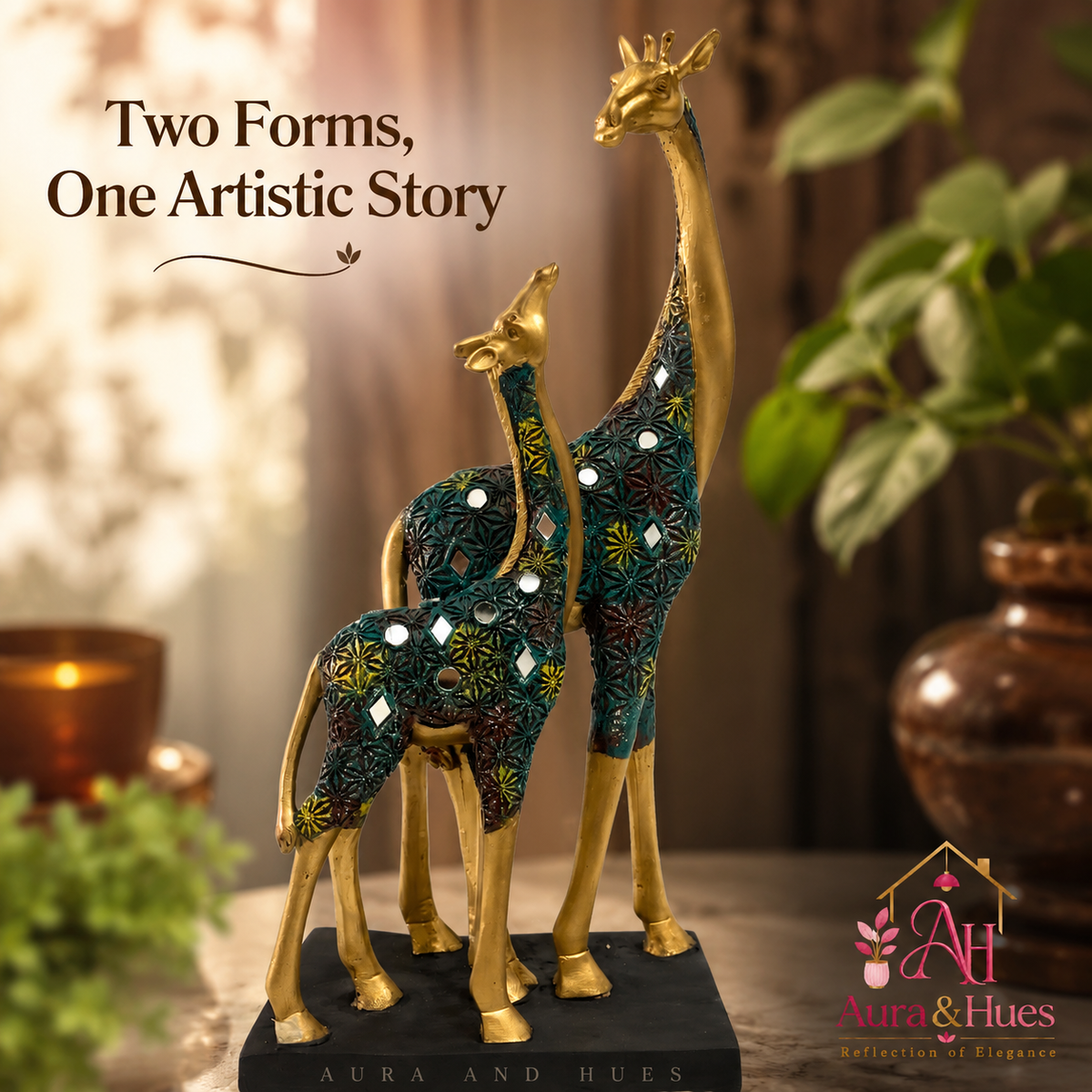 Majestic Pair of Standing Giraffes - Metallic Gold & Emerald Green