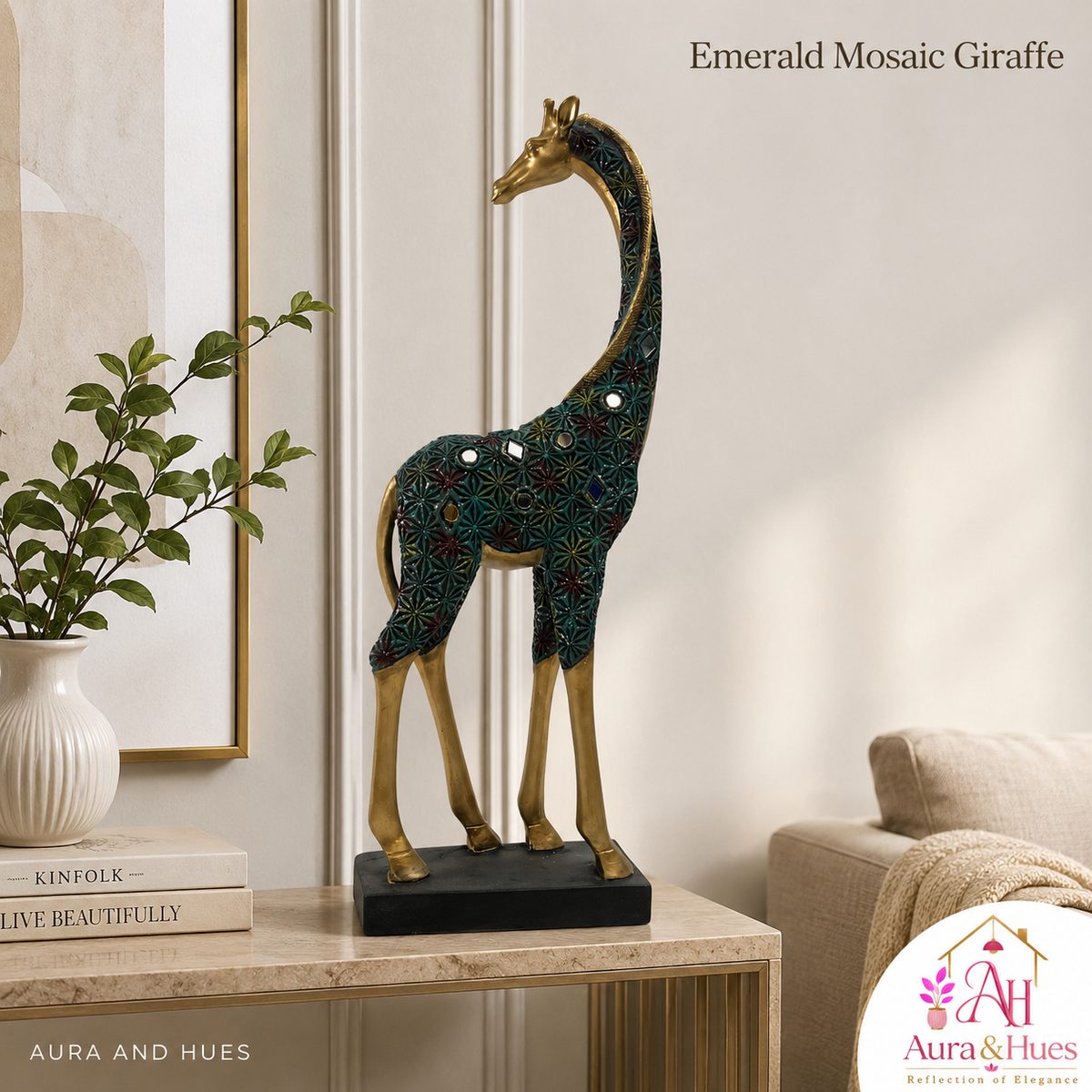Graceful Tall Standing Giraffe Figurine - Metallic Gold & Emerald Green