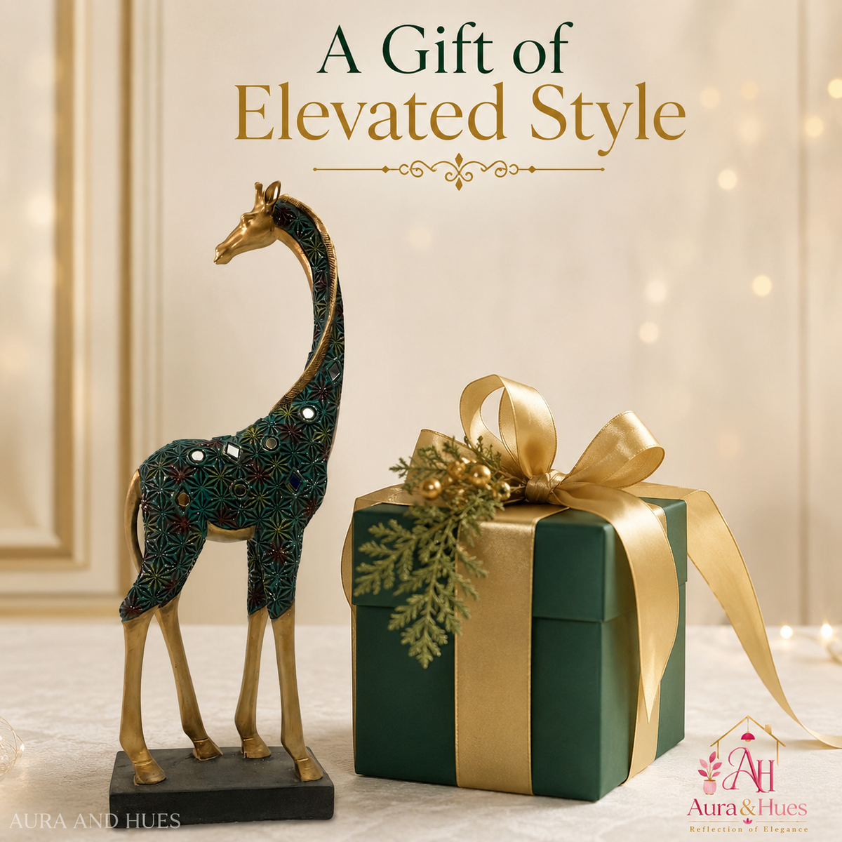 Graceful Tall Standing Giraffe Figurine - Metallic Gold & Emerald Green