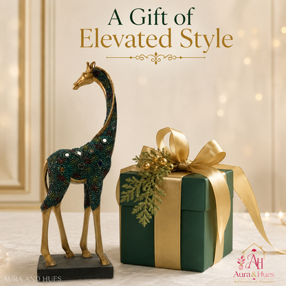 Graceful Tall Standing Giraffe Figurine - Metallic Gold & Emerald Green