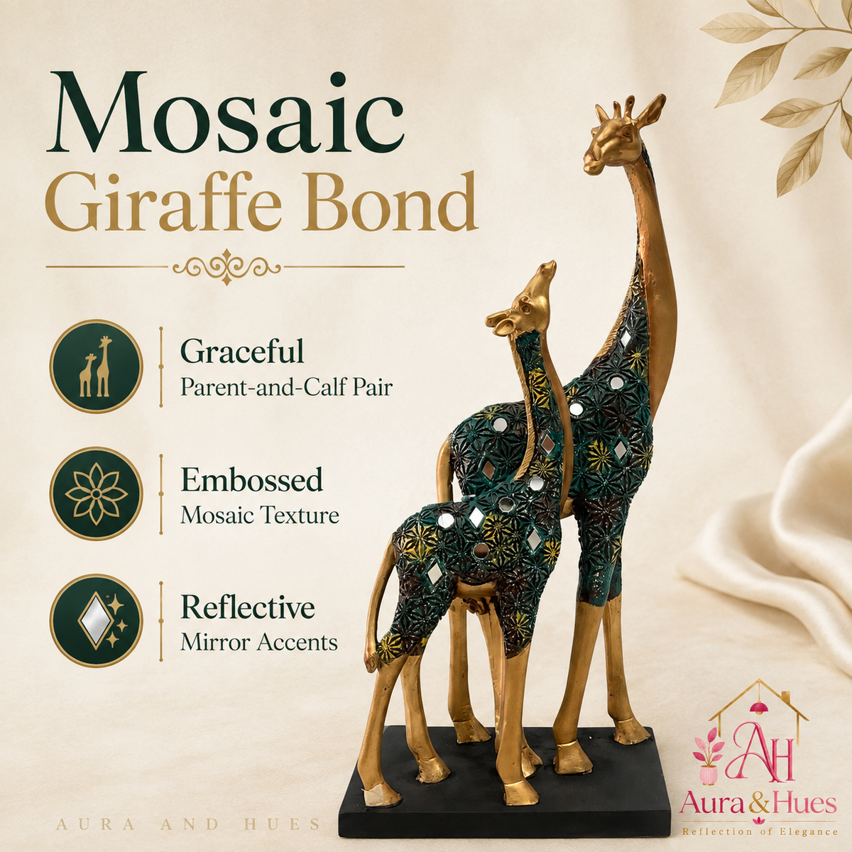 Majestic Pair of Standing Giraffes - Metallic Gold & Emerald Green