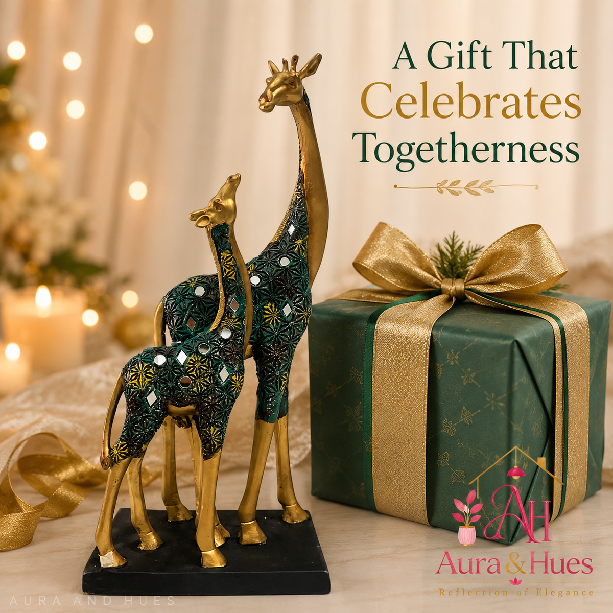 Majestic Pair of Standing Giraffes - Metallic Gold & Emerald Green