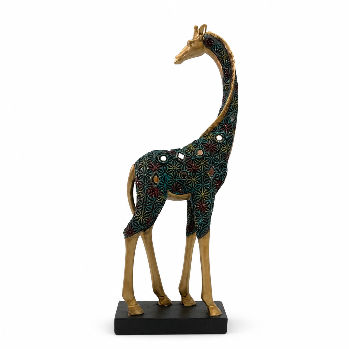 Graceful Tall Standing Giraffe Figurine - Metallic Gold & Emerald Green