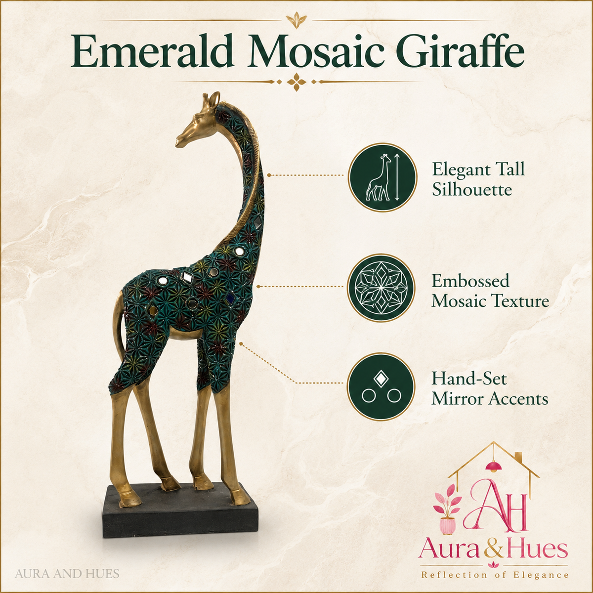 Graceful Tall Standing Giraffe Figurine - Metallic Gold & Emerald Green