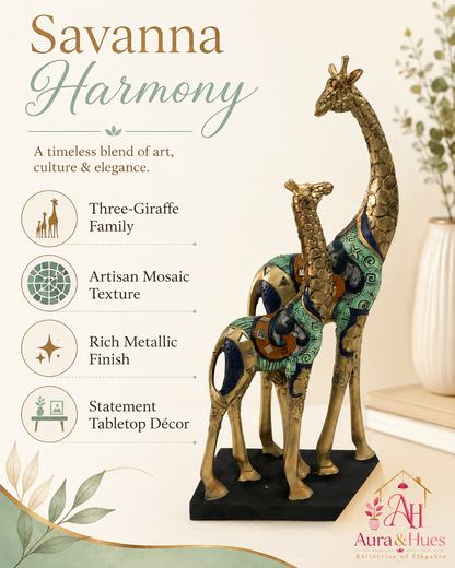 Graceful Pair of Resting Giraffes - Antique Golden Metallic