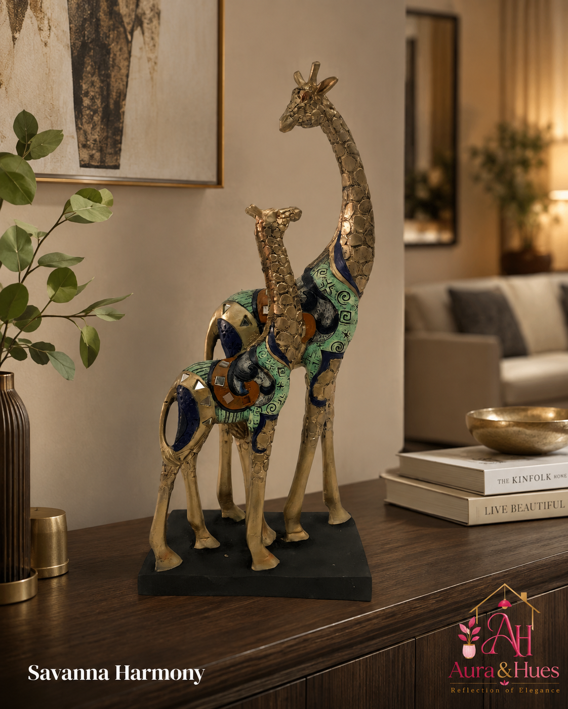 Graceful Pair of Resting Giraffes - Antique Golden Metallic