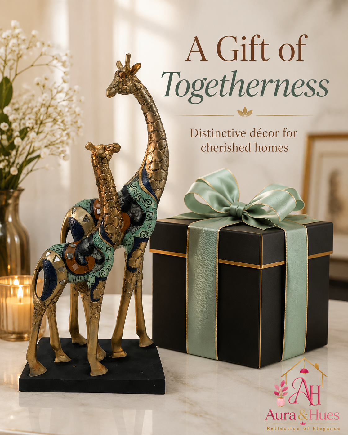 Graceful Pair of Resting Giraffes - Antique Golden Metallic