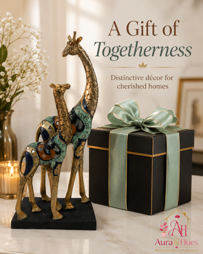 Graceful Pair of Resting Giraffes - Antique Golden Metallic