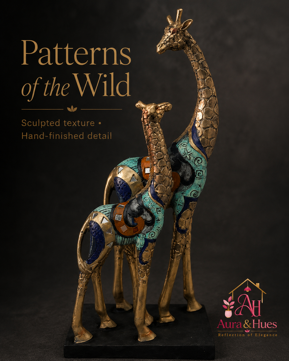Graceful Pair of Resting Giraffes - Antique Golden Metallic
