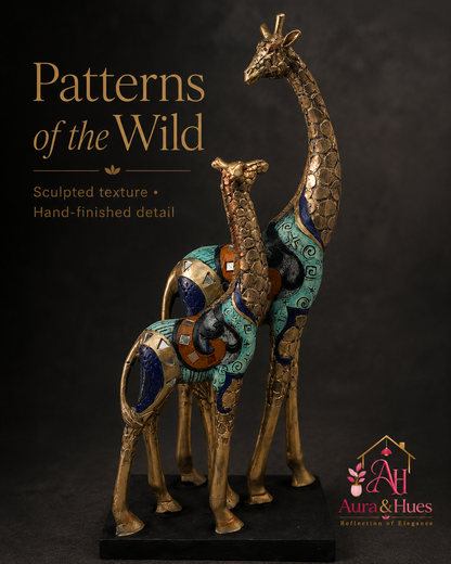 Graceful Pair of Resting Giraffes - Antique Golden Metallic