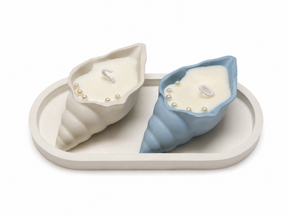 Aura & Hues Shell-Shaped Scented Candle Set of 2 with Oval Tray, Blue & White, Leather Blossom & Oudh Fragrances, Decorative Candles for Home Décor & Gifting, 20 × 10 × 4 cm