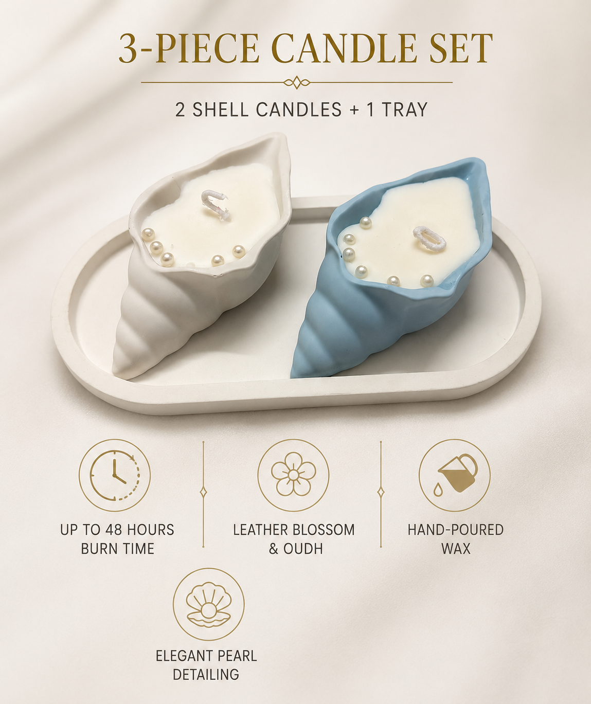 Aura & Hues Shell-Shaped Scented Candle Set of 2 with Oval Tray, Blue & White, Leather Blossom & Oudh Fragrances, Decorative Candles for Home Décor & Gifting, 20 × 10 × 4 cm