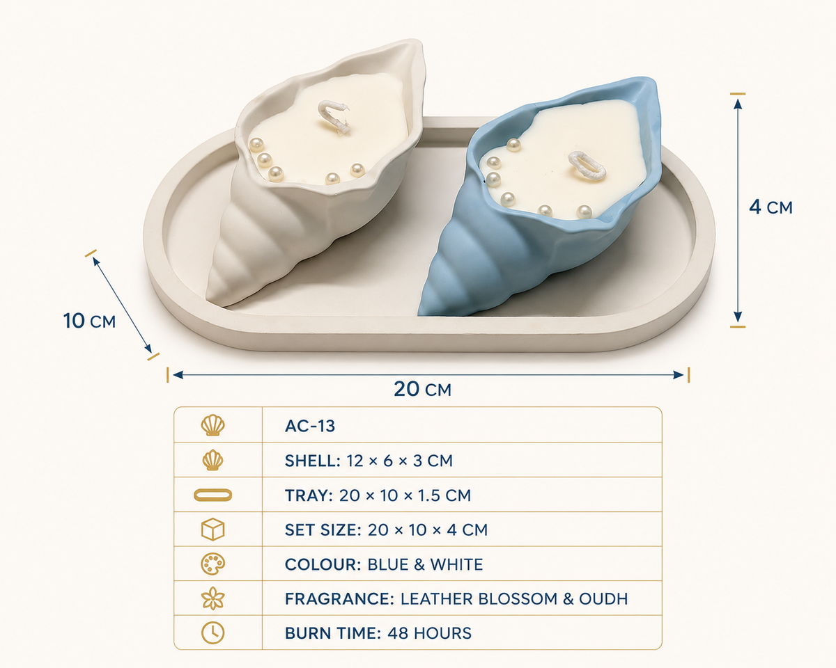 Aura & Hues Shell-Shaped Scented Candle Set of 2 with Oval Tray, Blue & White, Leather Blossom & Oudh Fragrances, Decorative Candles for Home Décor & Gifting, 20 × 10 × 4 cm