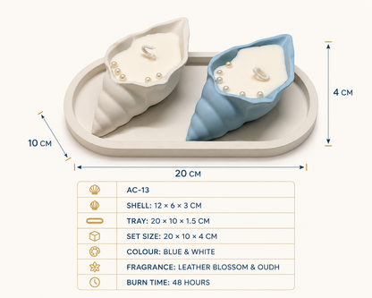 Aura & Hues Shell-Shaped Scented Candle Set of 2 with Oval Tray, Blue & White, Leather Blossom & Oudh Fragrances, Decorative Candles for Home Décor & Gifting, 20 × 10 × 4 cm
