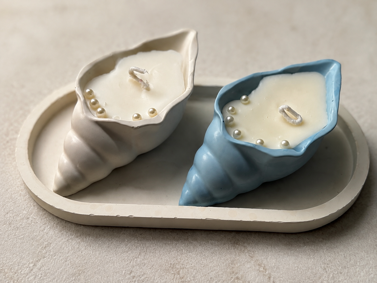Aura & Hues Shell-Shaped Scented Candle Set of 2 with Oval Tray, Blue & White, Leather Blossom & Oudh Fragrances, Decorative Candles for Home Décor & Gifting, 20 × 10 × 4 cm