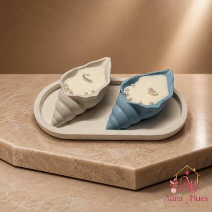 Aura & Hues Shell-Shaped Scented Candle Set of 2 with Oval Tray, Blue & White, Leather Blossom & Oudh Fragrances, Decorative Candles for Home Décor & Gifting, 20 × 10 × 4 cm