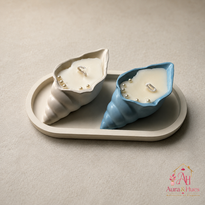 Aura & Hues Shell-Shaped Scented Candle Set of 2 with Oval Tray, Blue & White, Leather Blossom & Oudh Fragrances, Decorative Candles for Home Décor & Gifting, 20 × 10 × 4 cm