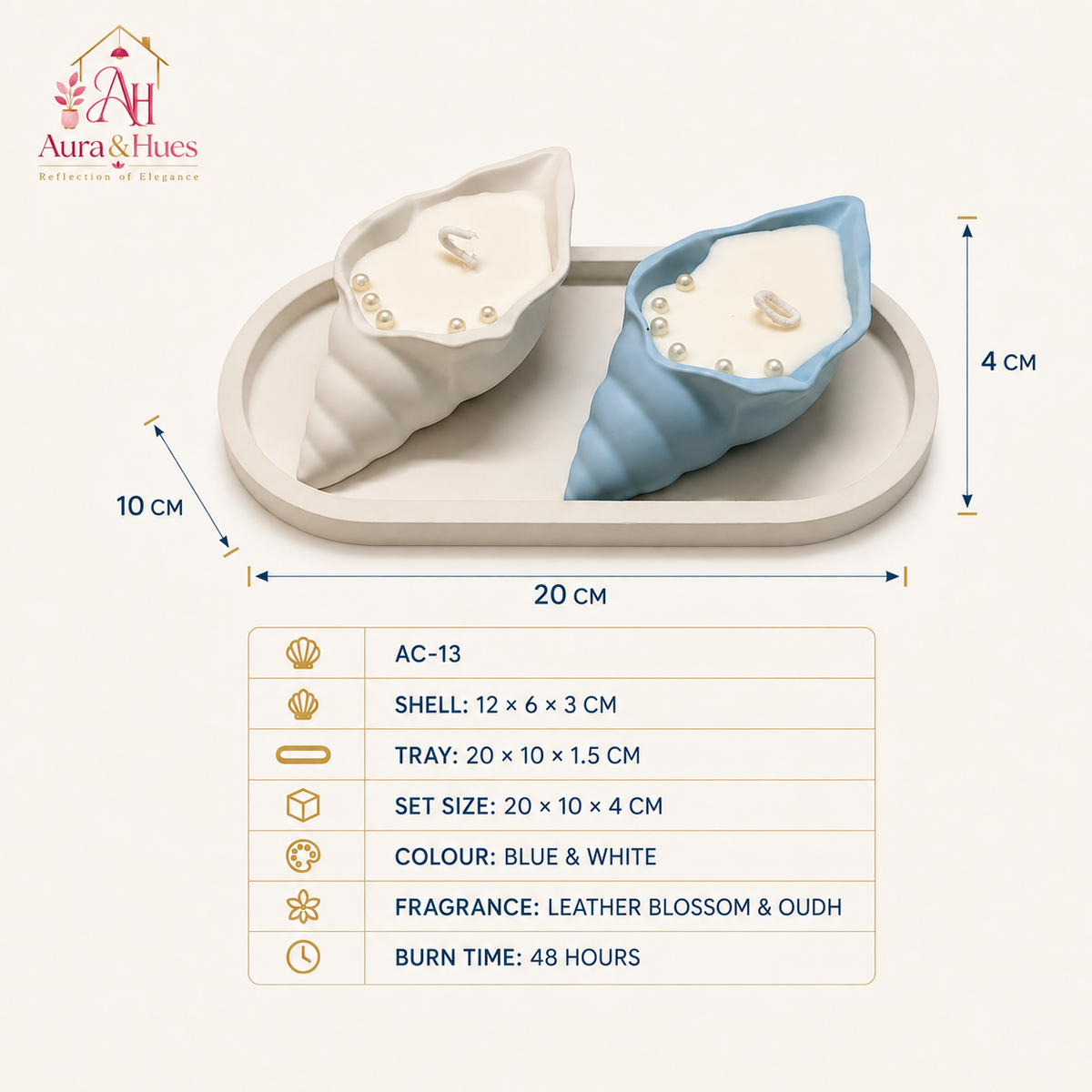 Aura & Hues Shell-Shaped Scented Candle Set of 2 with Oval Tray, Blue & White, Leather Blossom & Oudh Fragrances, Decorative Candles for Home Décor & Gifting, 20 × 10 × 4 cm
