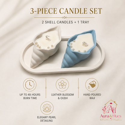 Aura & Hues Shell-Shaped Scented Candle Set of 2 with Oval Tray, Blue & White, Leather Blossom & Oudh Fragrances, Decorative Candles for Home Décor & Gifting, 20 × 10 × 4 cm
