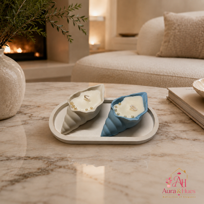 Aura & Hues Shell-Shaped Scented Candle Set of 2 with Oval Tray, Blue & White, Leather Blossom & Oudh Fragrances, Decorative Candles for Home Décor & Gifting, 20 × 10 × 4 cm